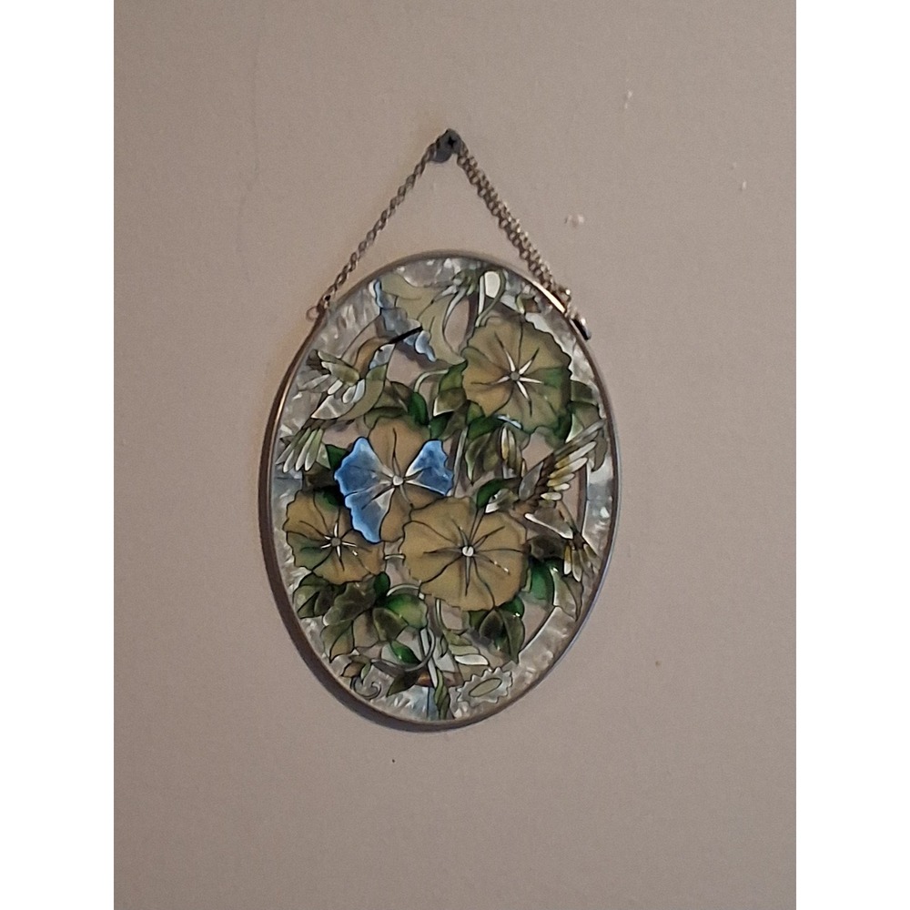 Amia Hand Painted Glass Suncatcher Hummingbird Morning Glory Oval 82591
